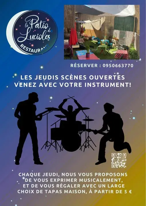 Scène ouverte à Poussan, Patio des Luciole, restaurant cuisine maison.